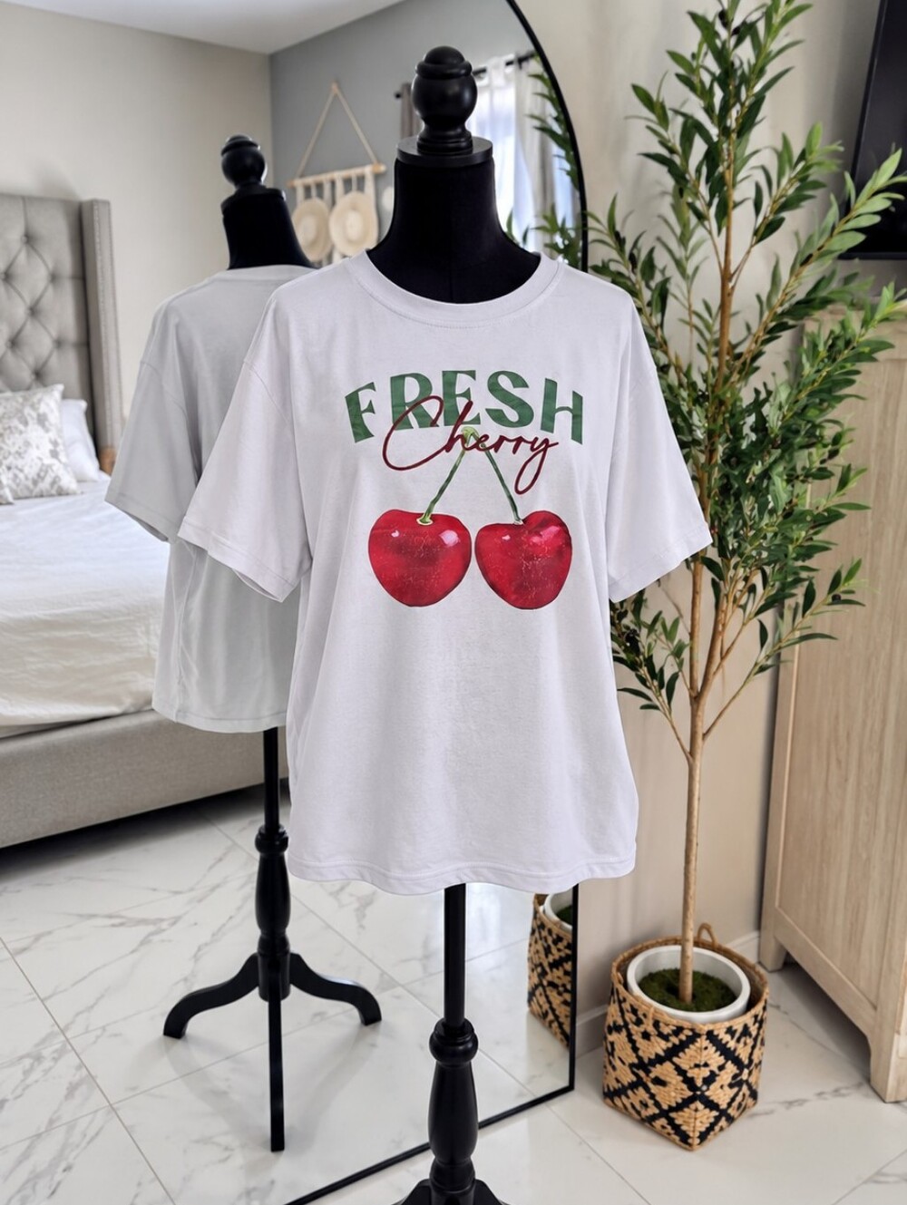 SHEIN White Fresh Cherry Graphic Tee with Red Cherry Print